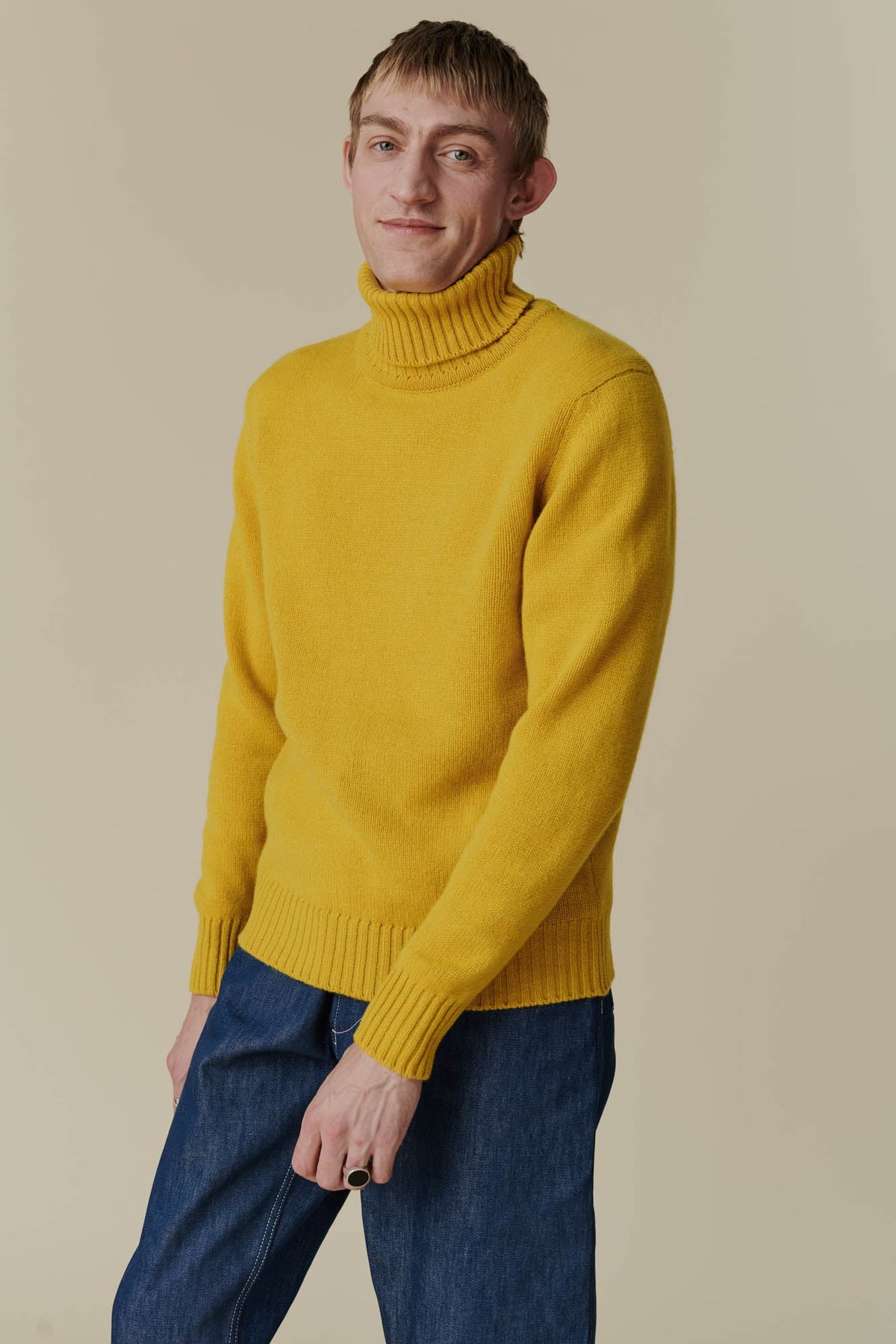 Men's Lambswool Turtleneck Sweater in Mustard Yellow