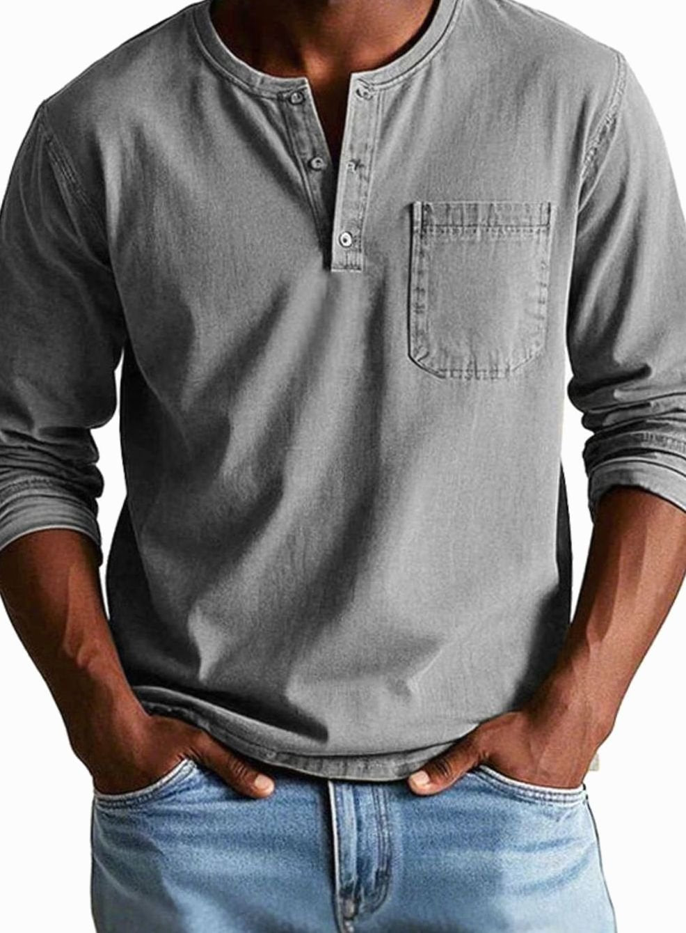Men's Long Sleeve Henley Shirt with Chest Pocket