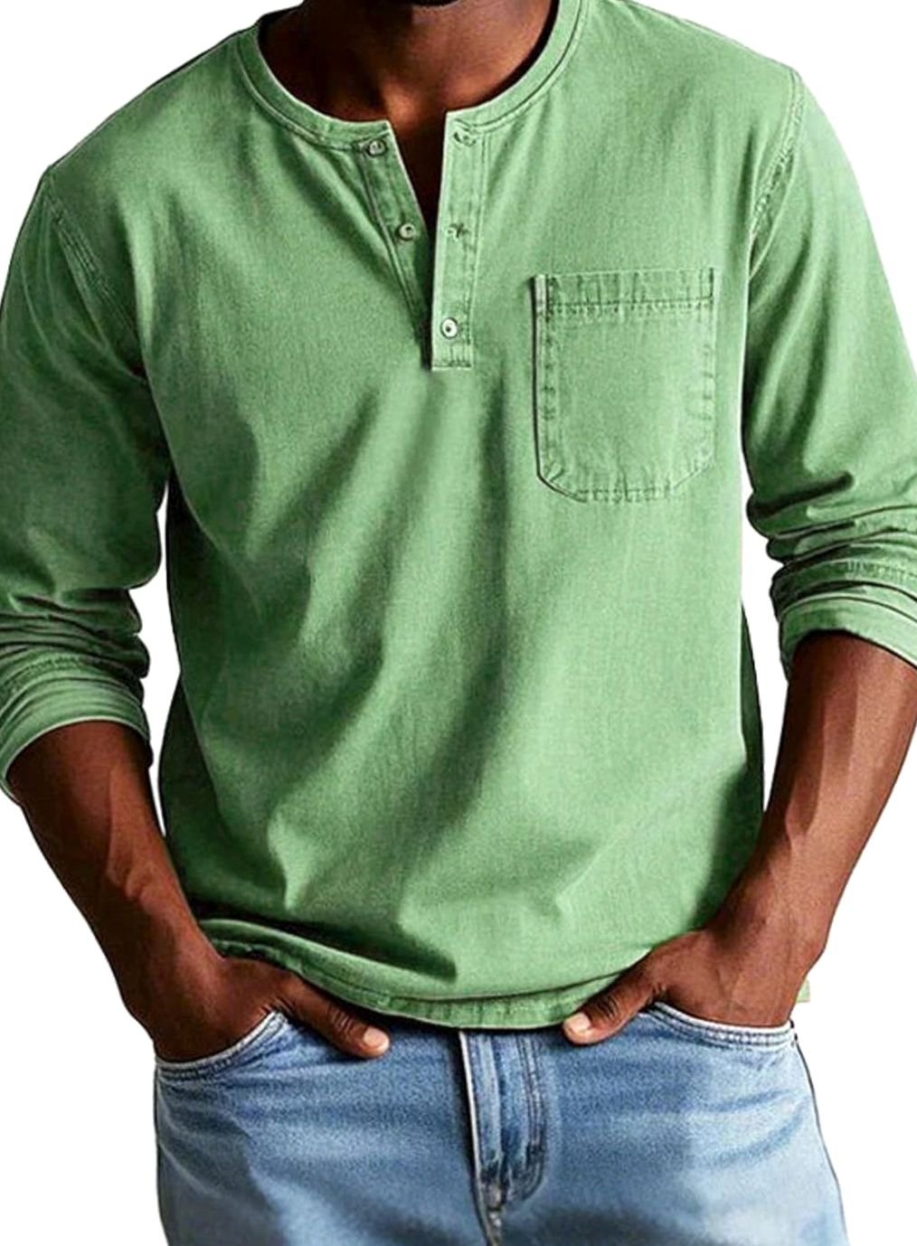 Men's Long Sleeve Henley Shirt with Chest Pocket