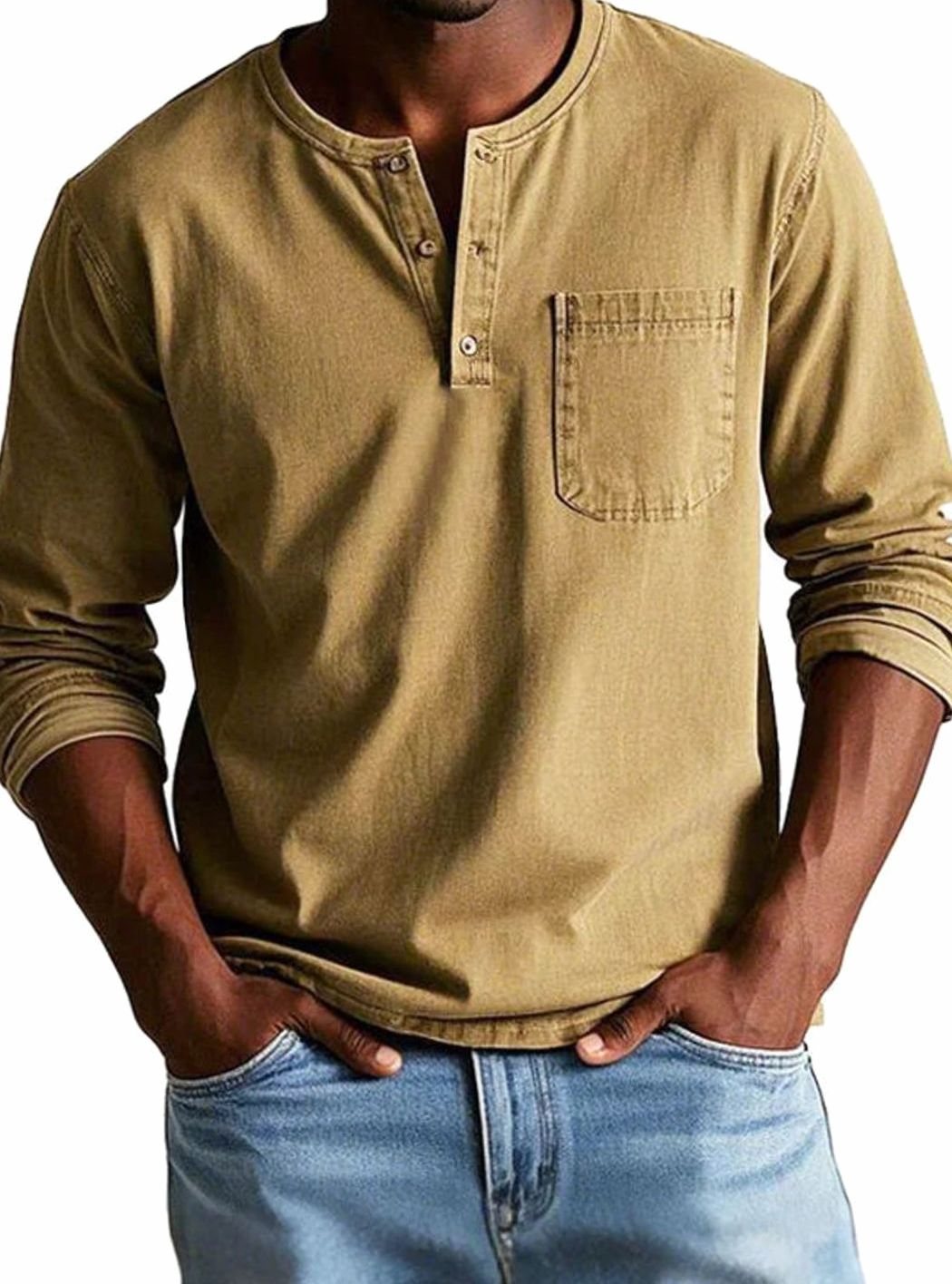 Men's Long Sleeve Henley Shirt with Chest Pocket