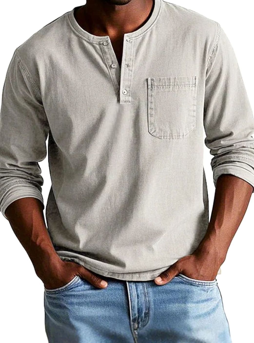 Men's Long Sleeve Henley Shirt with Chest Pocket