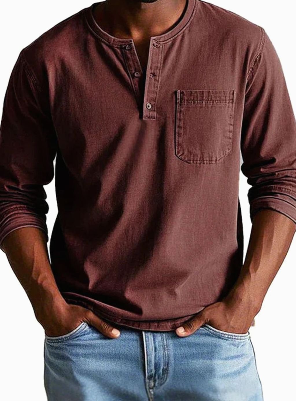 Men's Long Sleeve Henley Shirt with Chest Pocket