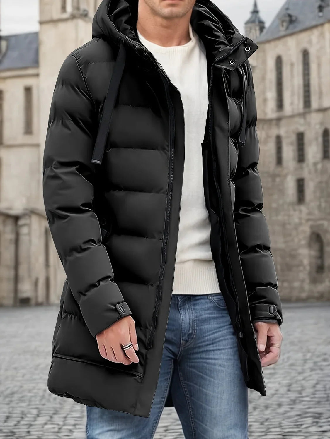 Men's Longline Hooded Puffer Jacket with Drawstring