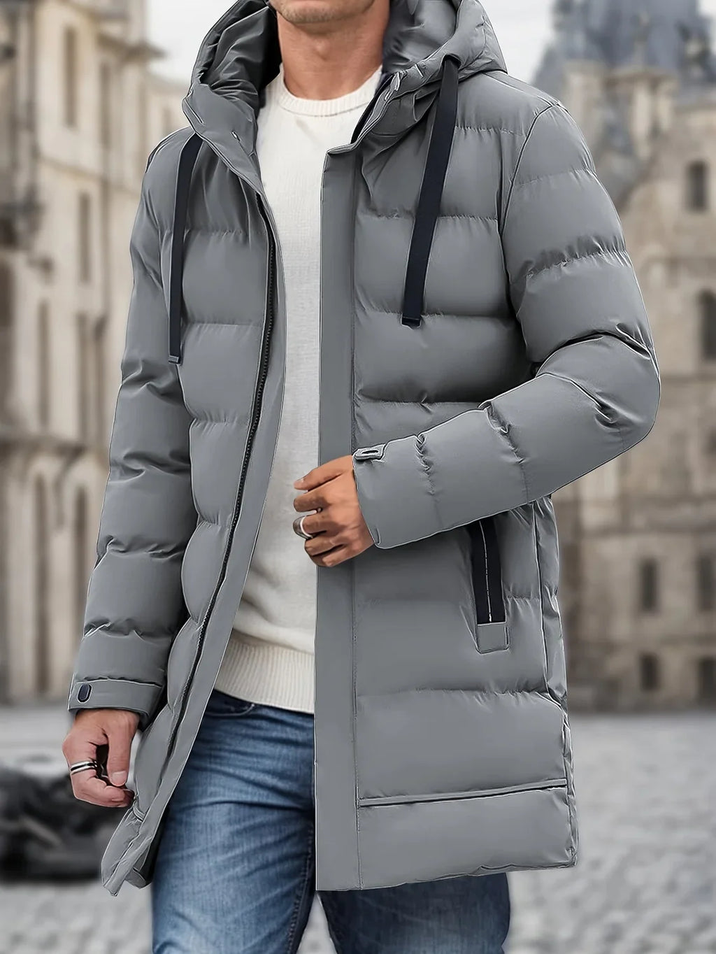 Men's Longline Hooded Puffer Jacket with Drawstring