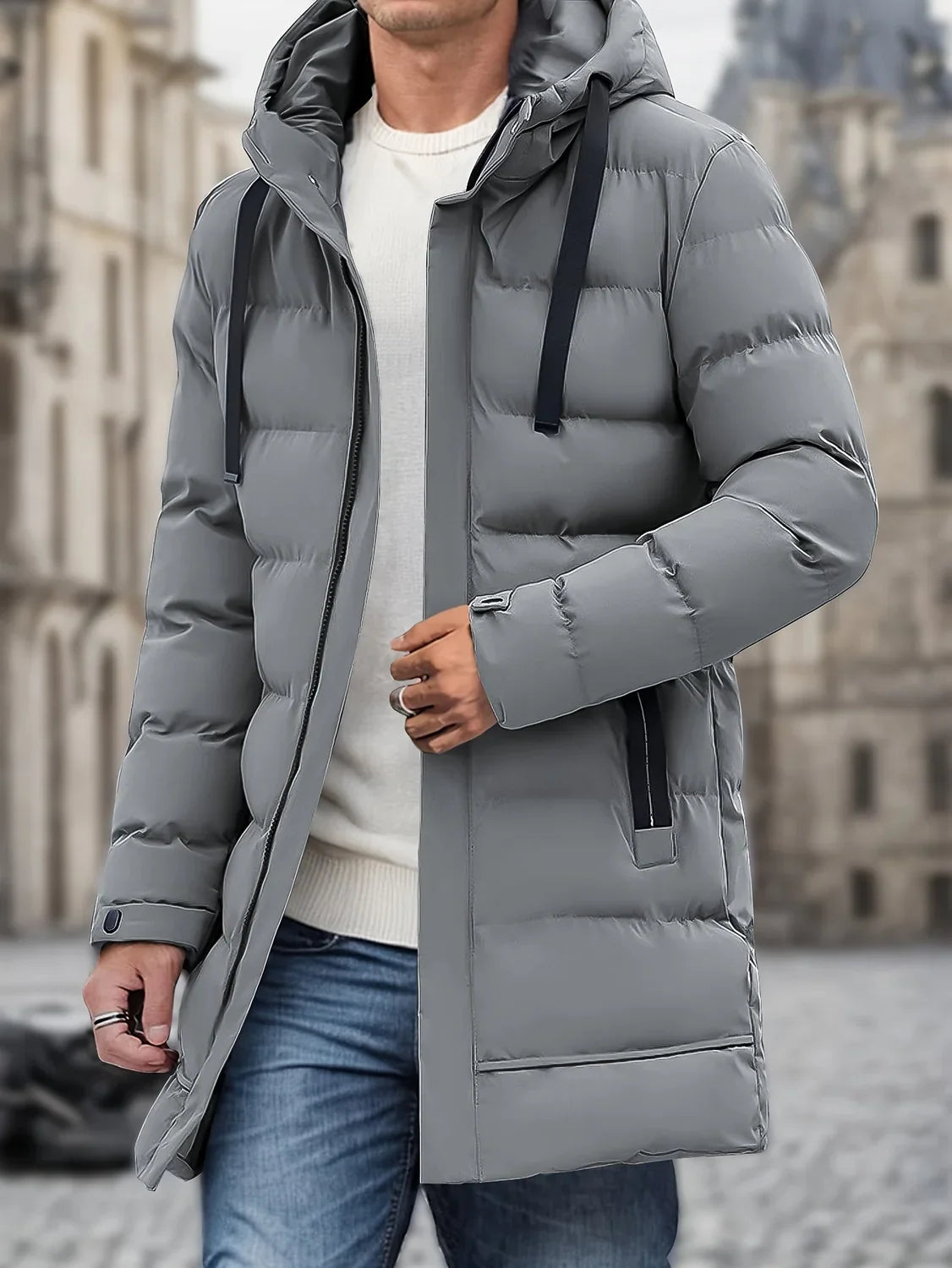 Men's Longline Hooded Puffer Jacket with Drawstring