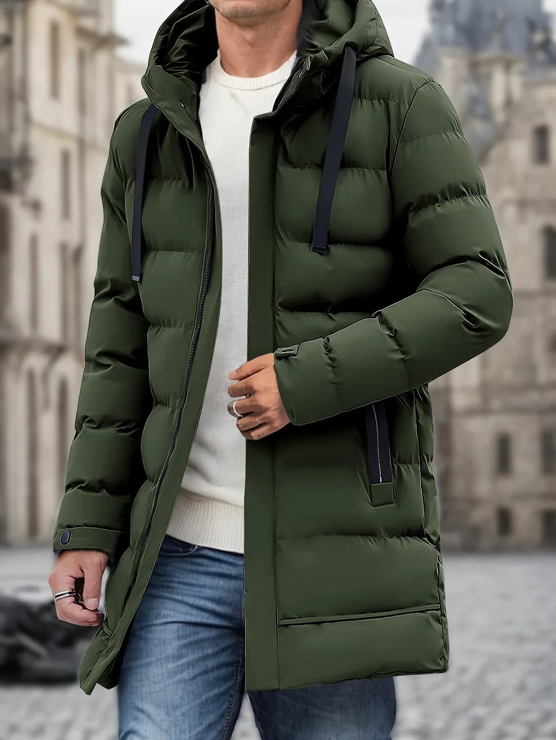 Men's Longline Hooded Puffer Jacket with Drawstring