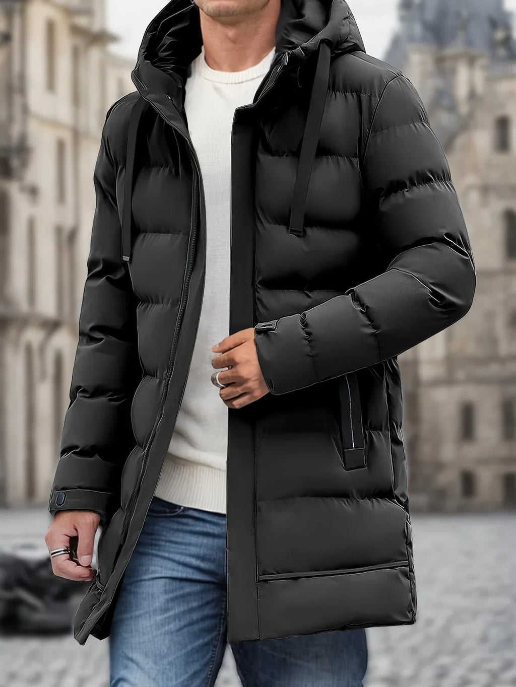 Men's Longline Hooded Puffer Jacket with Drawstring