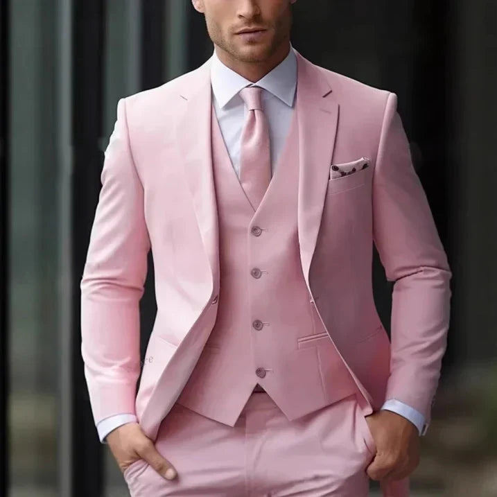 Men's Peak Lapel Slim Fit Three-Piece Formal Suit with Vest