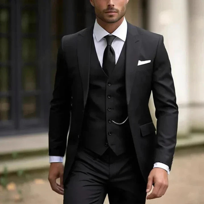 Men's Peak Lapel Slim Fit Three-Piece Formal Suit with Vest
