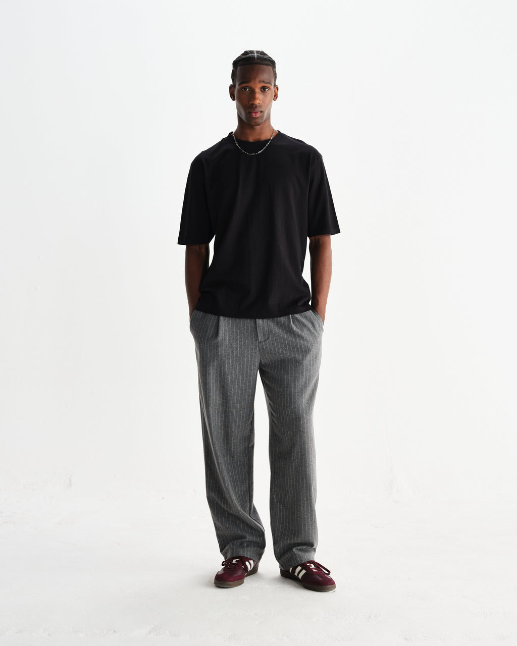 Men's Pinstripe Pleated Wool-Look Wide Leg Pants in Gray