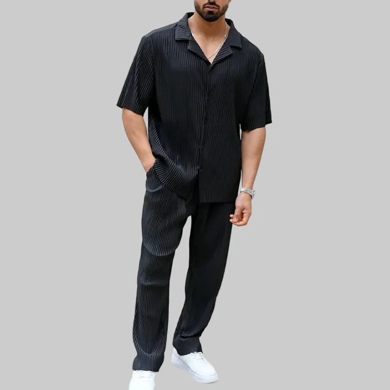 Men's Pleated Short Sleeve Shirt and Pants Set