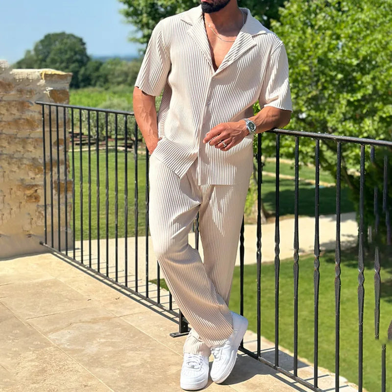 Men's Pleated Short Sleeve Shirt and Pants Set