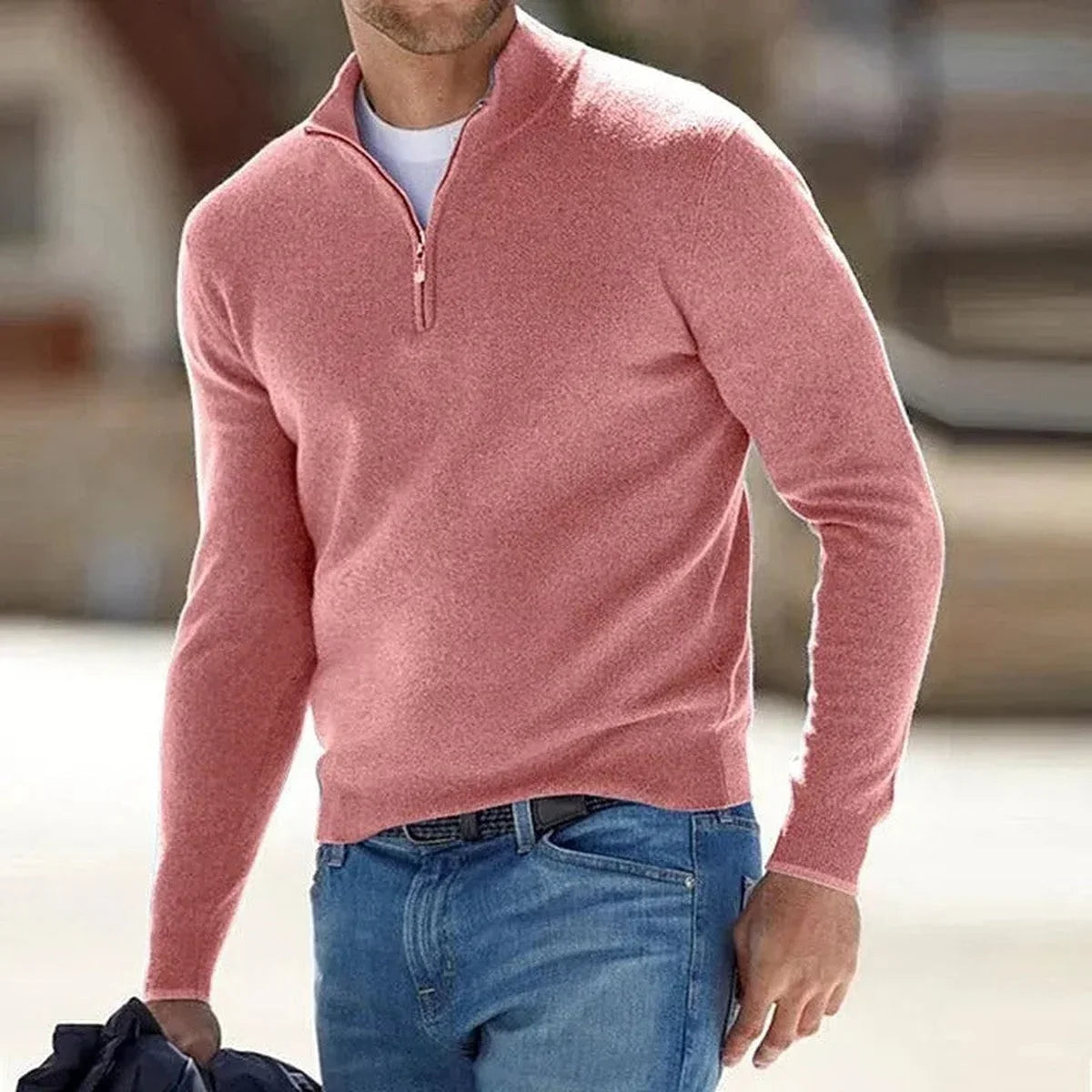 Men's Quarter-Zip Mock Neck Fine Knit Pullover Sweater