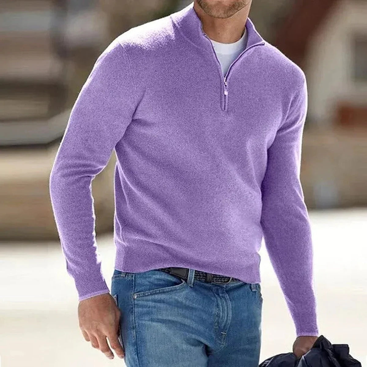 Men's Quarter-Zip Mock Neck Fine Knit Pullover Sweater