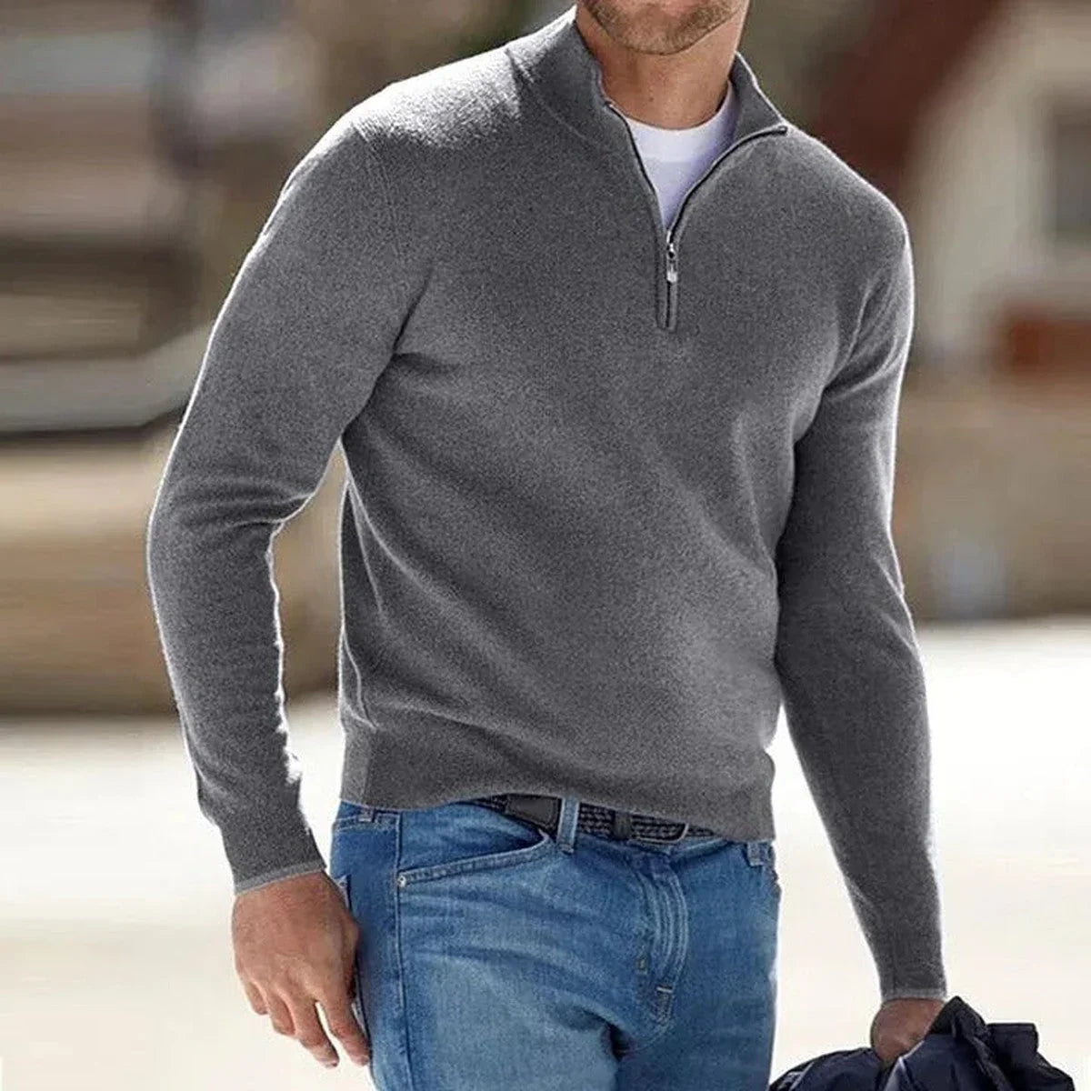 Men's Quarter-Zip Mock Neck Fine Knit Pullover Sweater