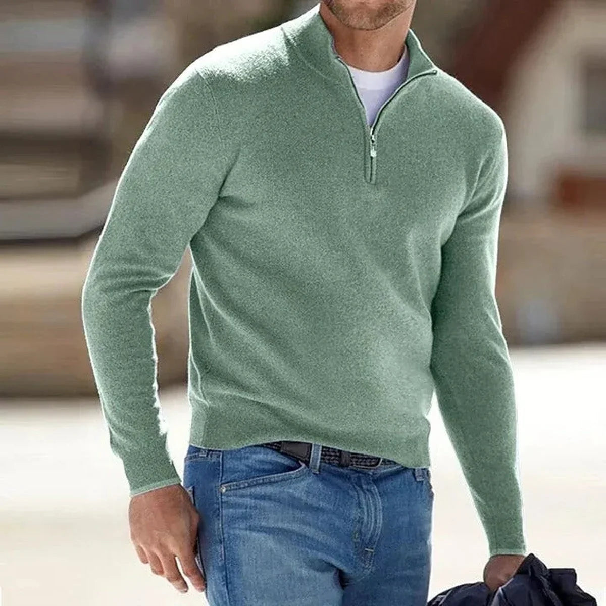 Men's Quarter-Zip Mock Neck Fine Knit Pullover Sweater