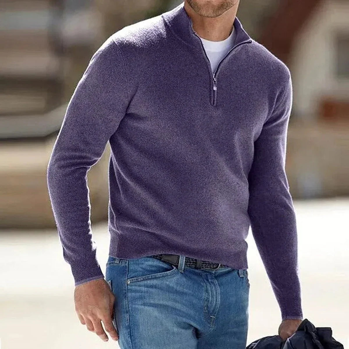 Men's Quarter-Zip Mock Neck Fine Knit Pullover Sweater