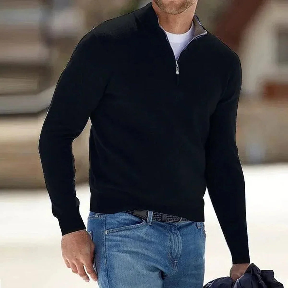 Men's Quarter-Zip Mock Neck Fine Knit Pullover Sweater