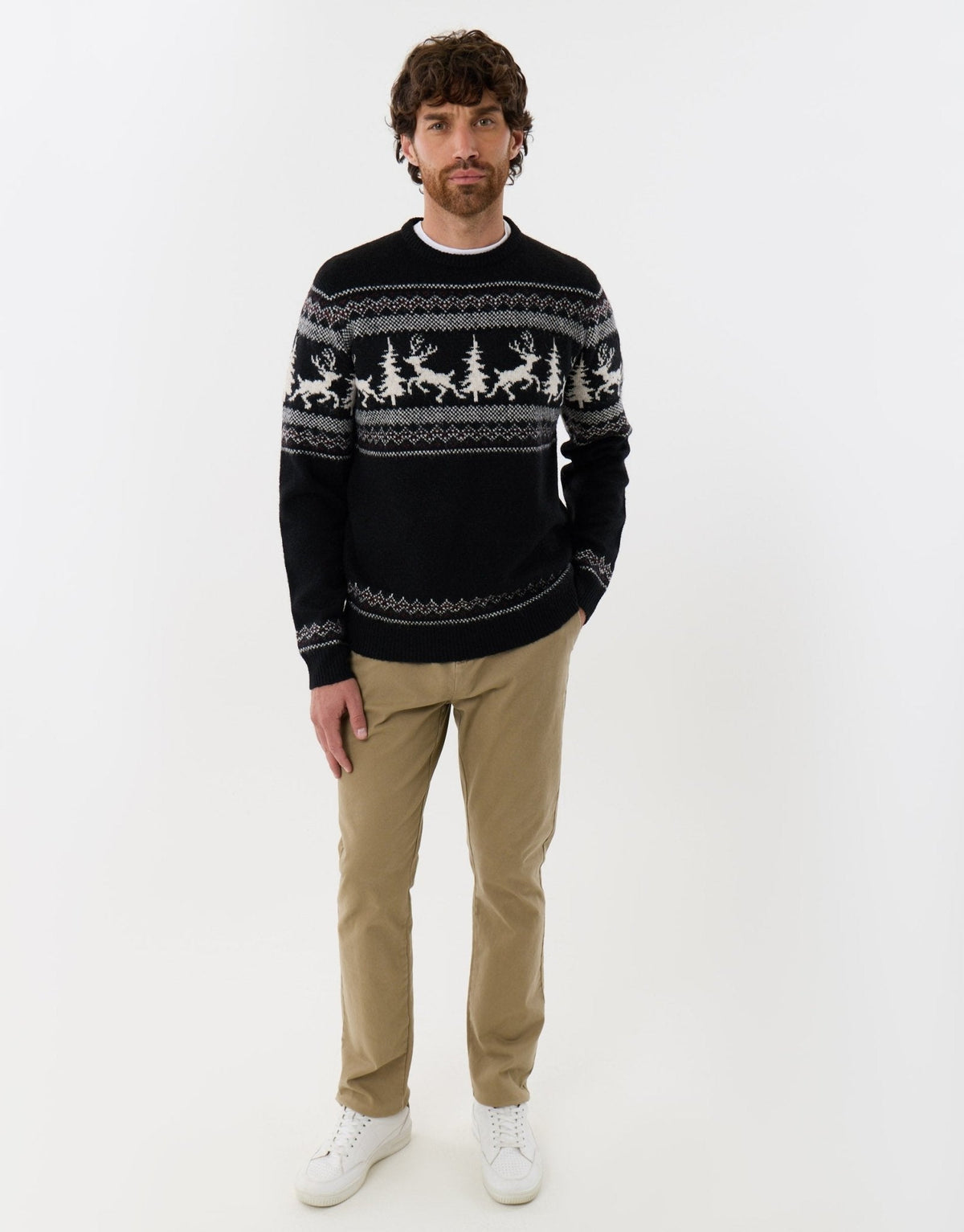 Men's Fair Isle Reindeer Christmas Sweater in Black