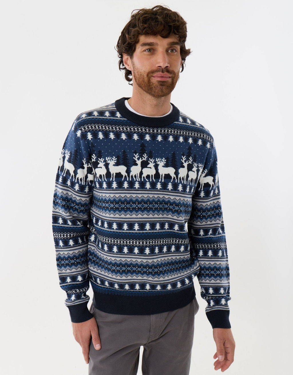 Men's Fair Isle Reindeer Christmas Sweater in Navy