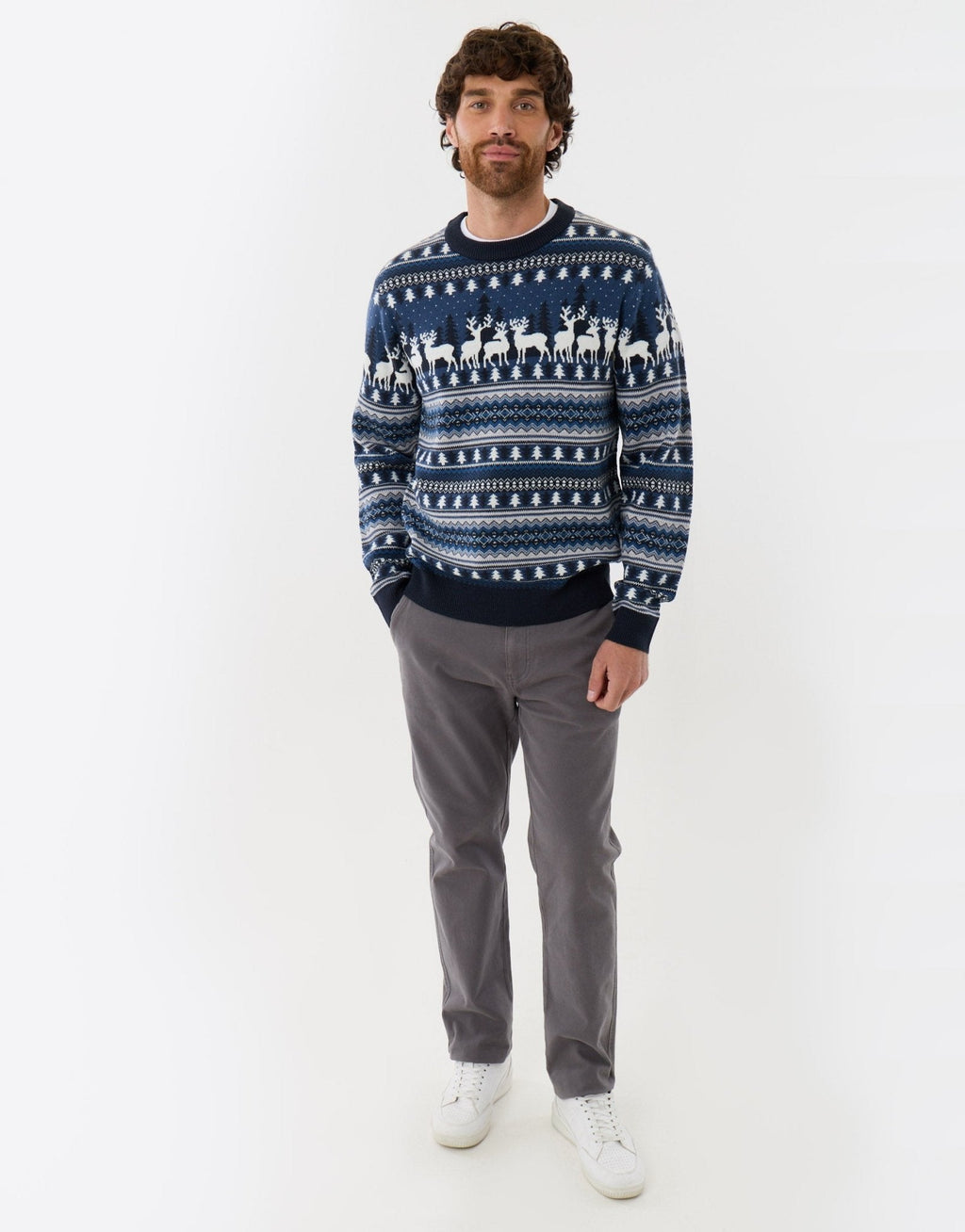 Men's Fair Isle Reindeer Christmas Sweater in Navy