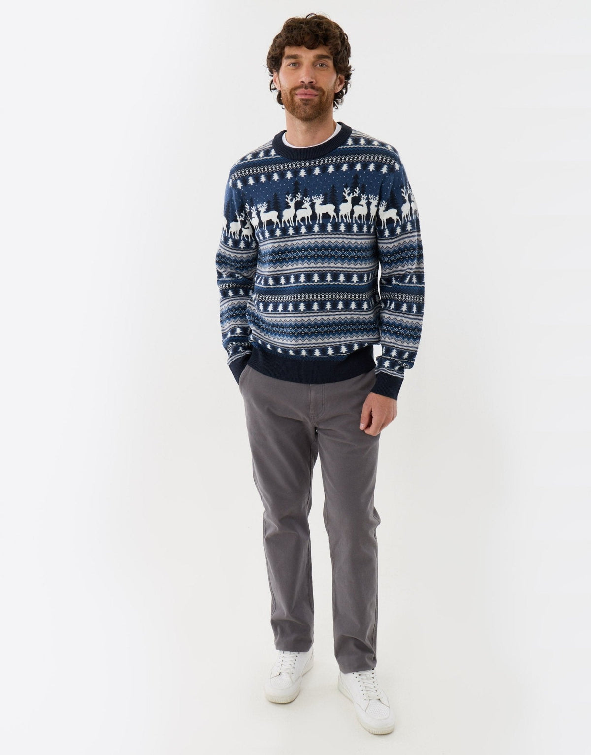 Men's Fair Isle Reindeer Christmas Sweater in Navy