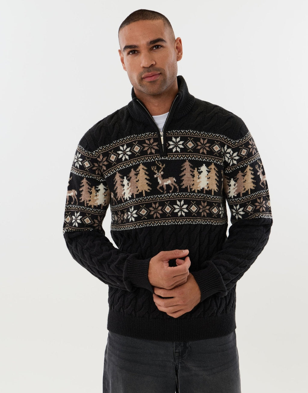 Men's Fair Isle Reindeer Forest Christmas Sweater Quarter Zip