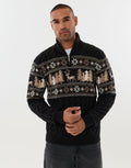 Men's Fair Isle Reindeer Forest Christmas Sweater Quarter Zip