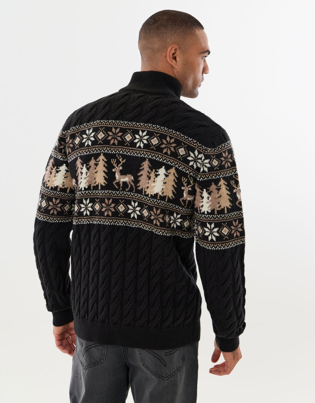 Men's Fair Isle Reindeer Forest Christmas Sweater Quarter Zip