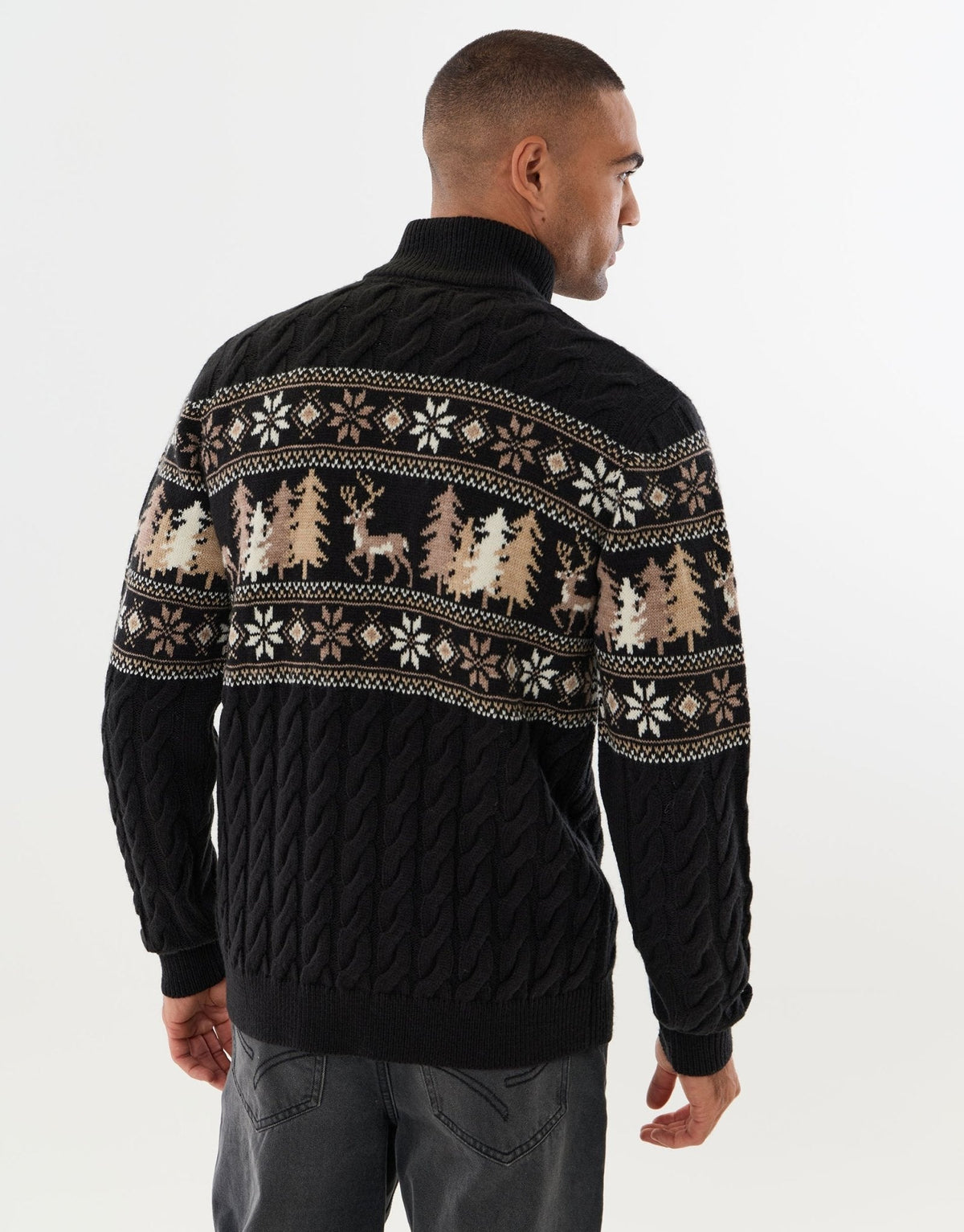 Men's Fair Isle Reindeer Forest Christmas Sweater Quarter Zip