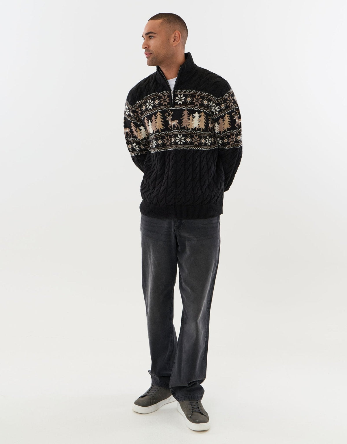 Men's Fair Isle Reindeer Forest Christmas Sweater Quarter Zip