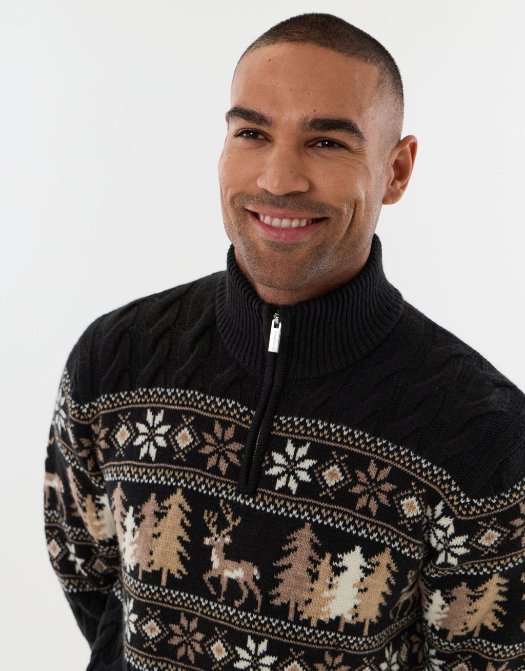 Men's Fair Isle Reindeer Forest Christmas Sweater Quarter Zip