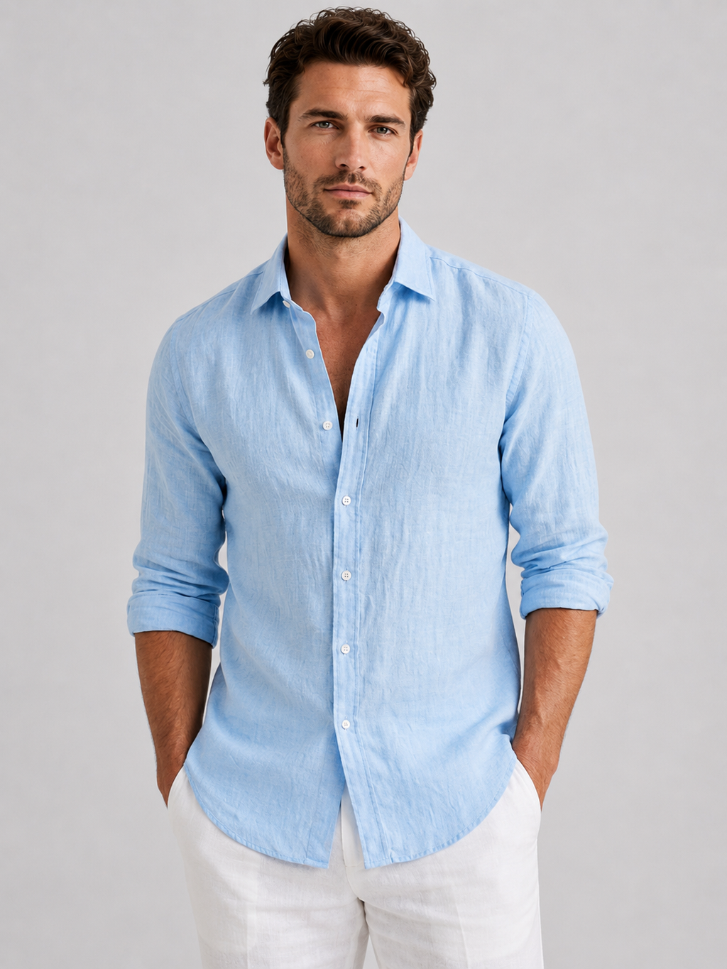Men's Linen-Look Relaxed Fit Button-Up Shirt