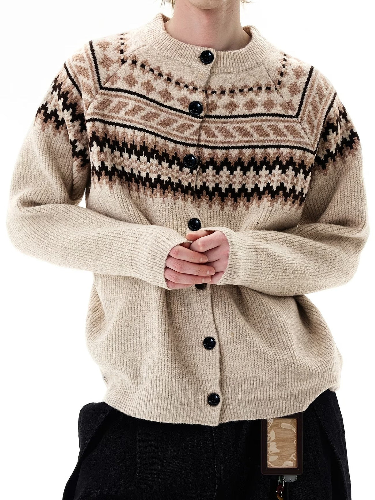 Men's Fair Isle Crew Neck Wool-Look Button Cardigan