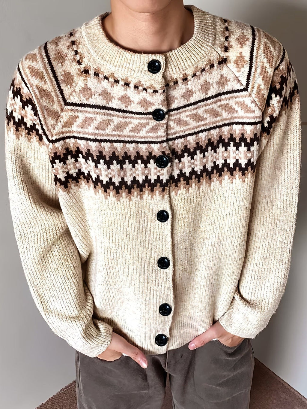 Men's Fair Isle Crew Neck Wool-Look Button Cardigan