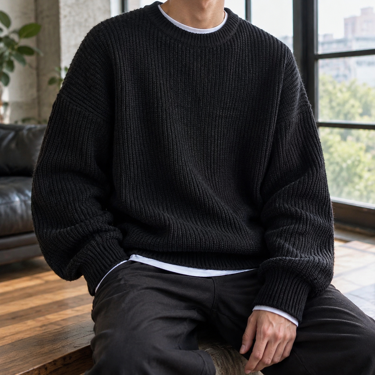 Men's Oversized Ribbed Crewneck Sweater with Drop Shoulders