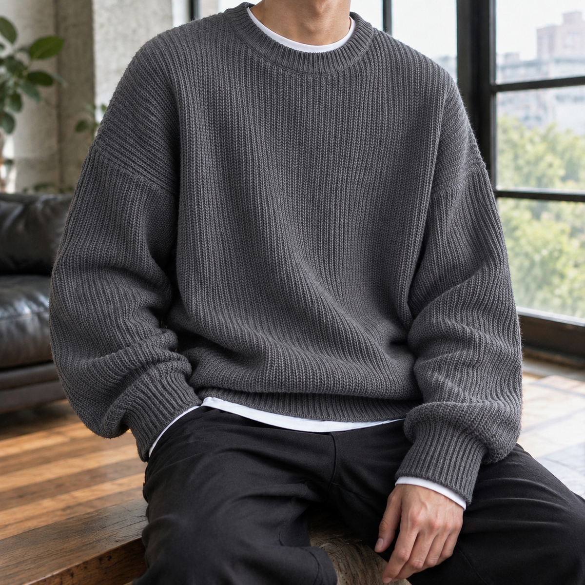 Men's Oversized Ribbed Crewneck Sweater with Drop Shoulders
