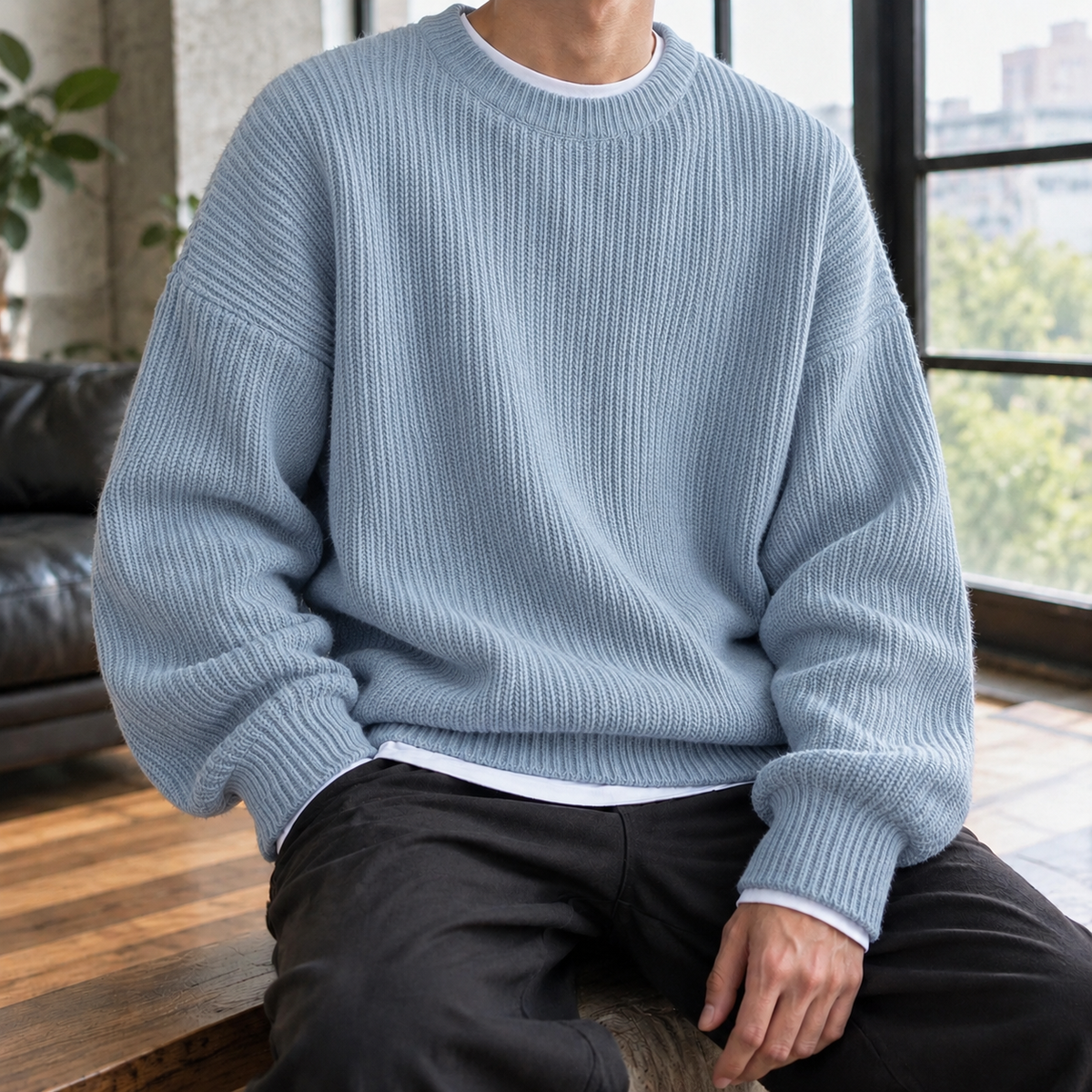 Men's Oversized Ribbed Crewneck Sweater with Drop Shoulders
