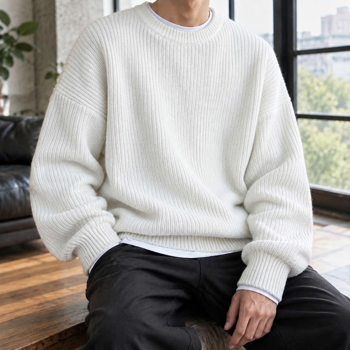 Men's Oversized Ribbed Crewneck Sweater with Drop Shoulders