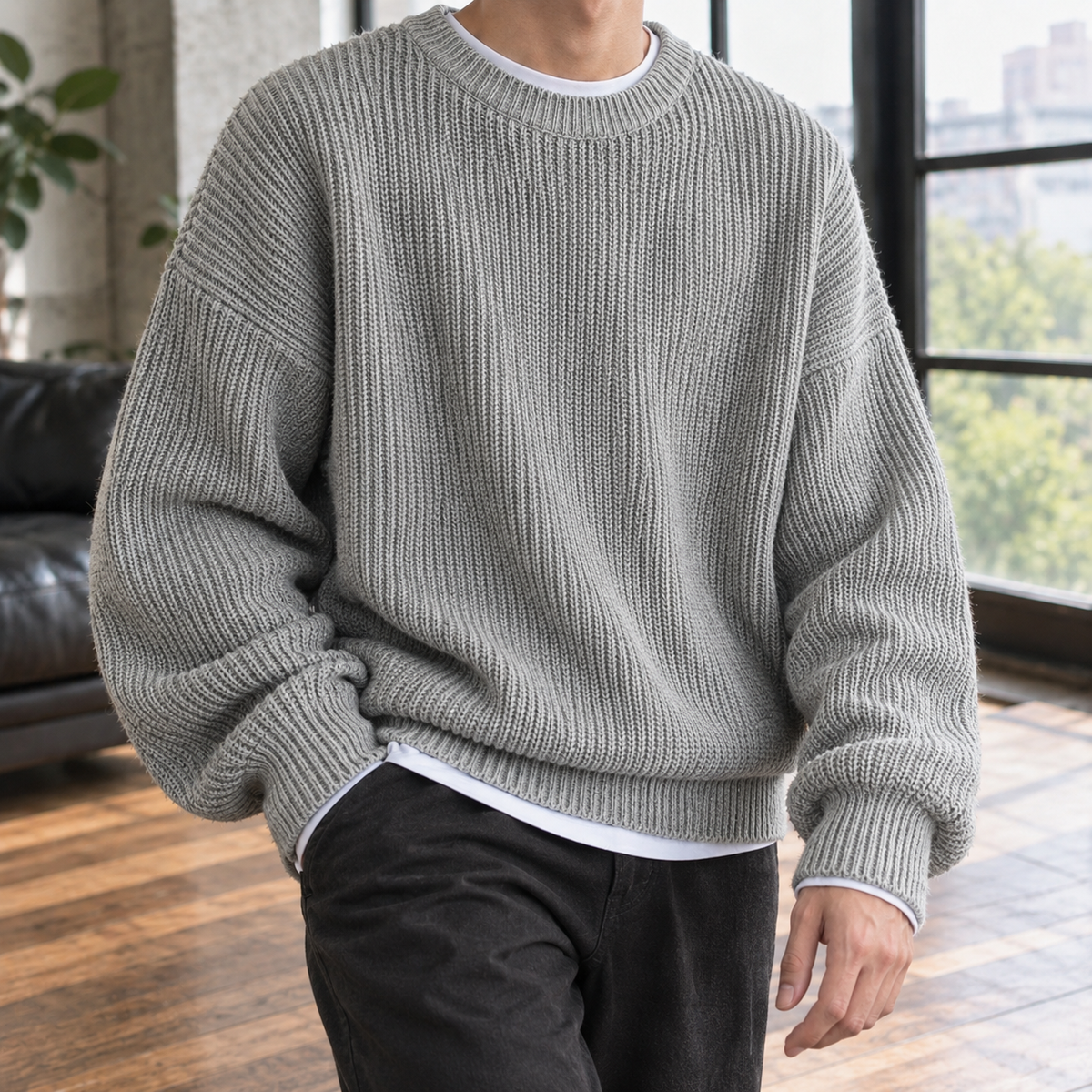 Men's Oversized Ribbed Crewneck Sweater with Drop Shoulders