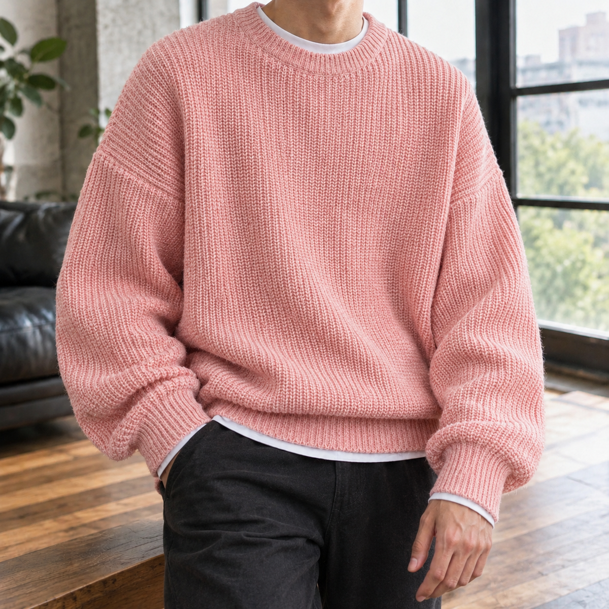 Men's Oversized Ribbed Crewneck Sweater with Drop Shoulders