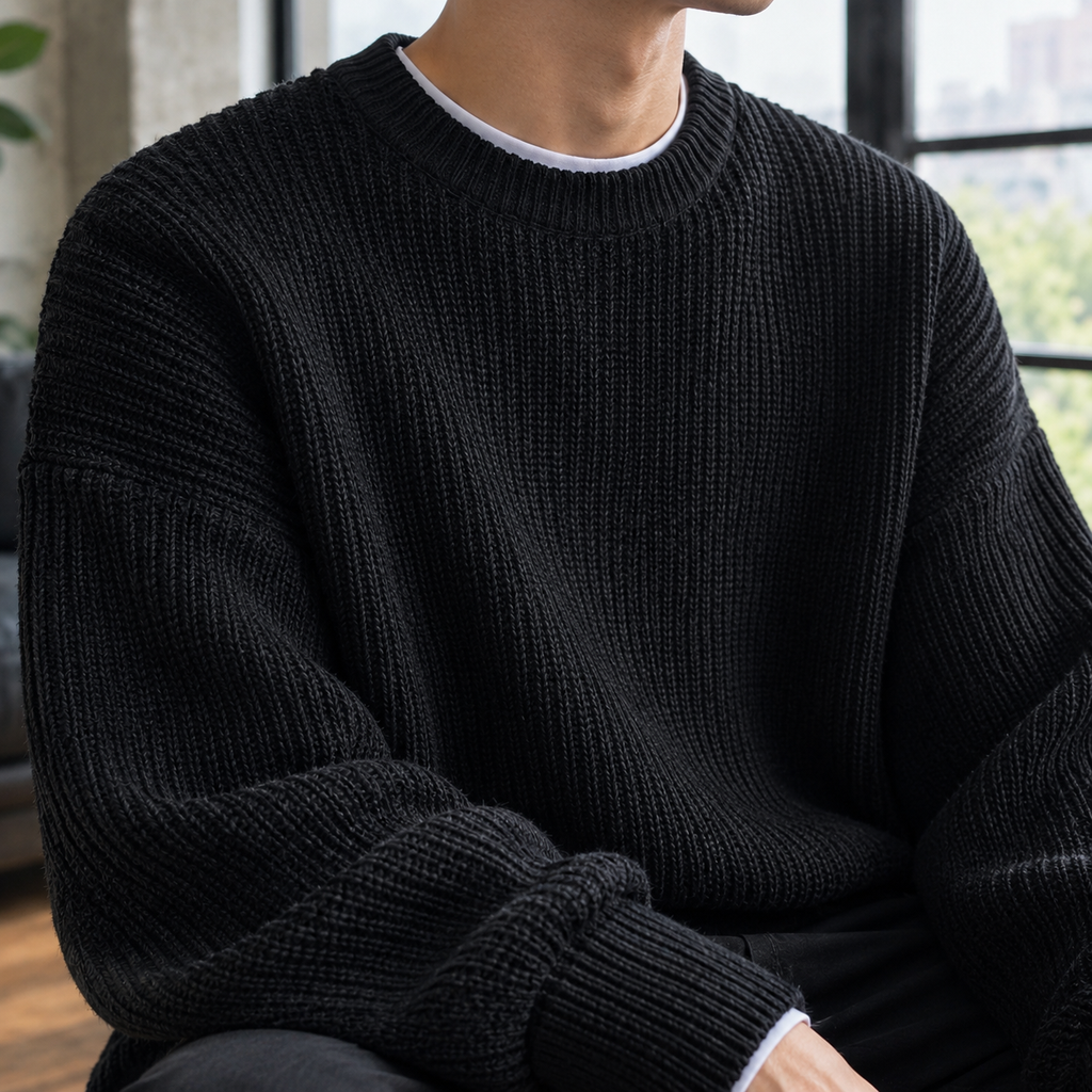 Men's Oversized Ribbed Crewneck Sweater with Drop Shoulders