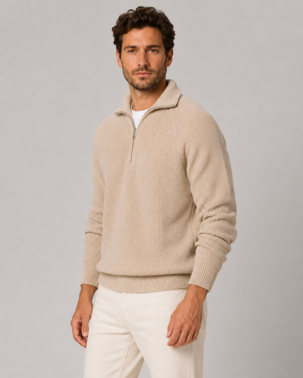 Men's Ribbed Knit Quarter-Zip Mock Neck Sweater