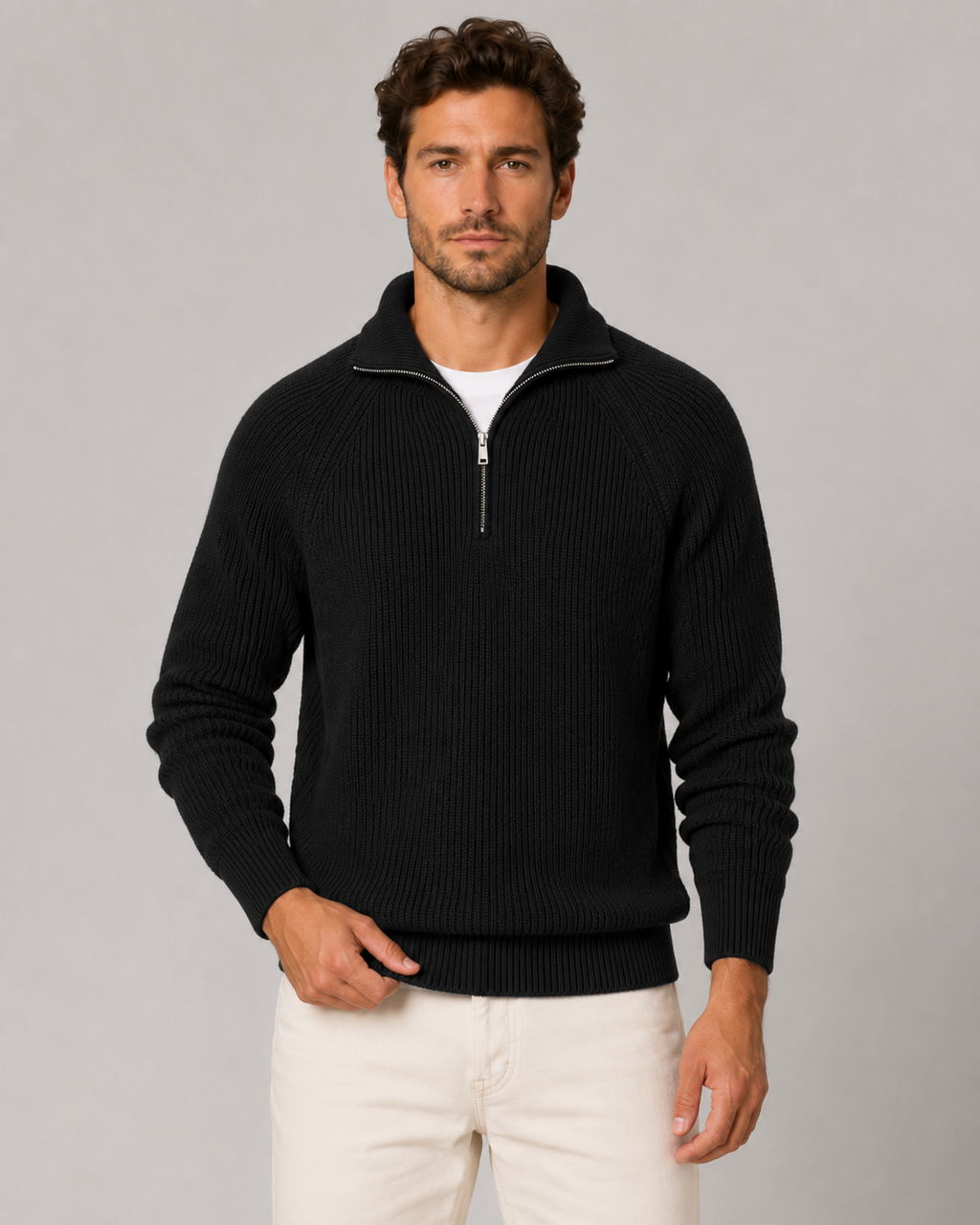 Men's Ribbed Knit Quarter-Zip Mock Neck Sweater