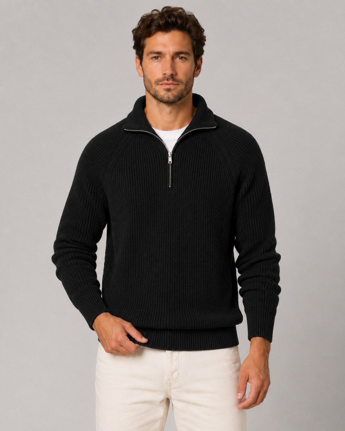 Men's Ribbed Knit Quarter-Zip Mock Neck Sweater