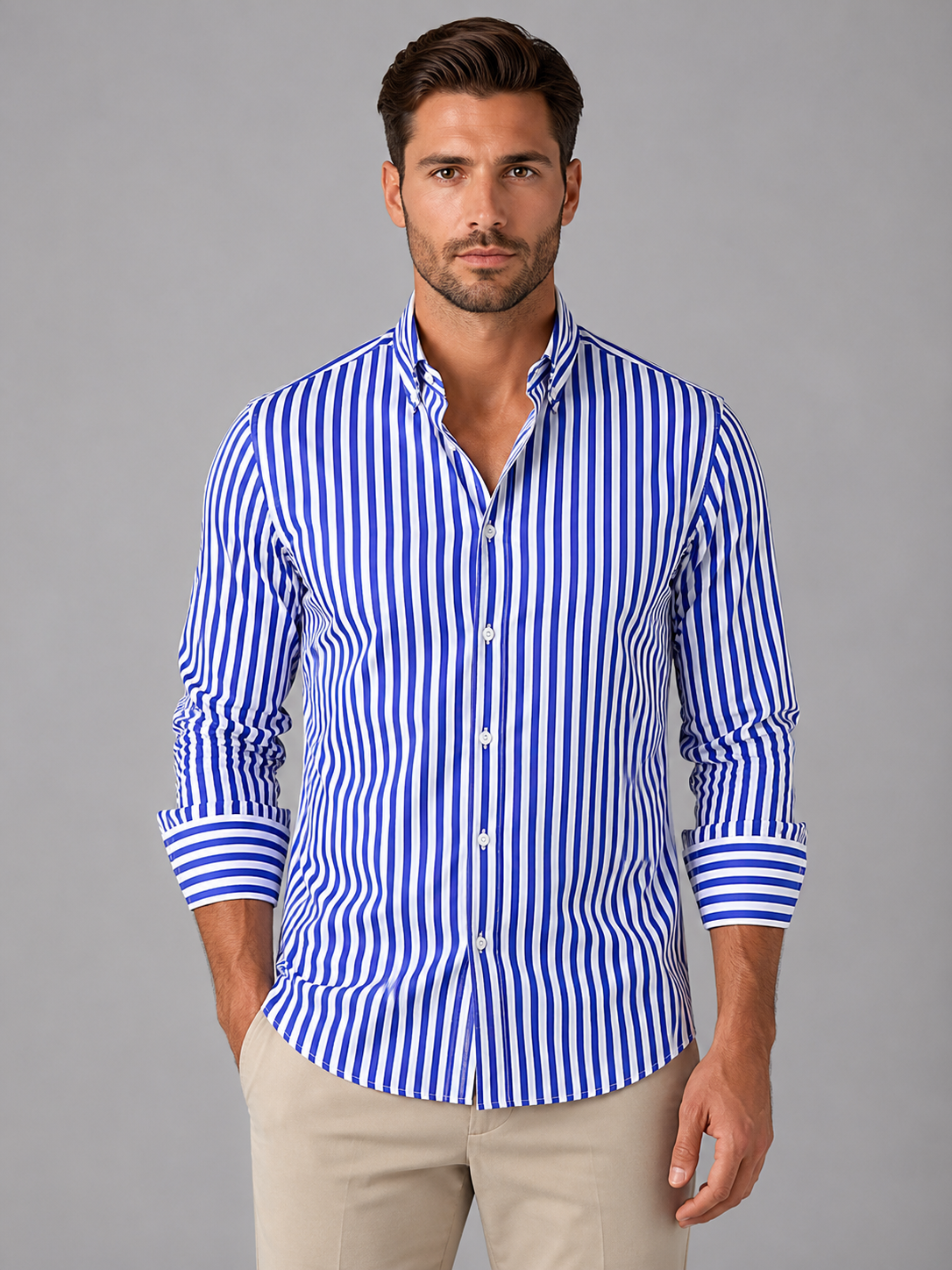 Men's Vertical Striped Long Sleeve Dress Shirt