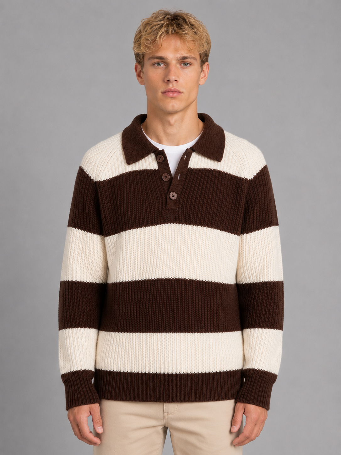 Men's Striped Ribbed Knit Polo Sweater in Brown