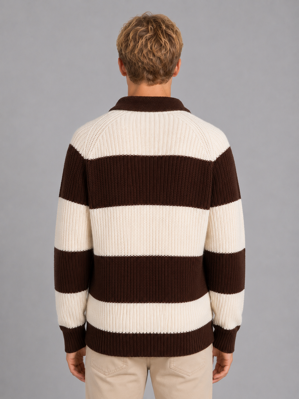 Men's Striped Ribbed Knit Polo Sweater in Brown