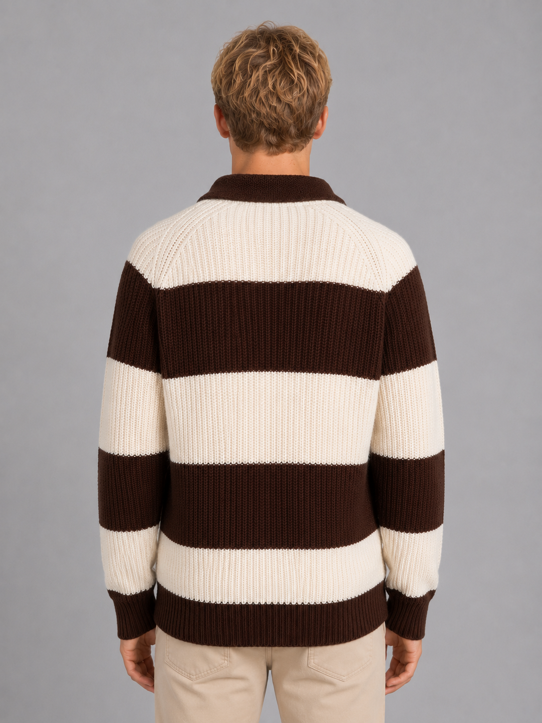 Men's Striped Ribbed Knit Polo Sweater in Brown