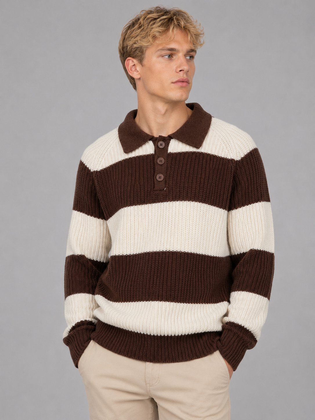 Men's Striped Ribbed Knit Polo Sweater in Brown